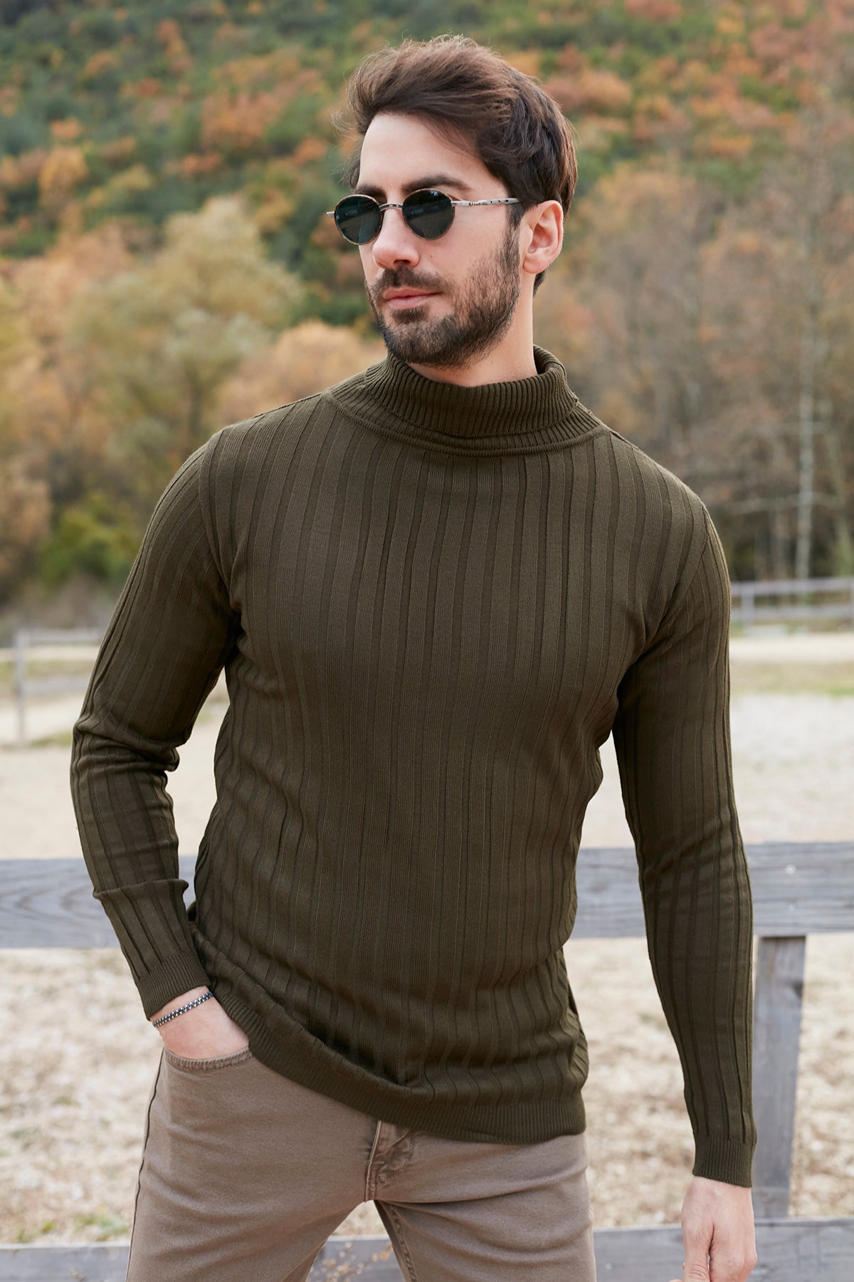 Buratti Ribbed Turtleneck Slim Fit Men's Sweater - KHAKI