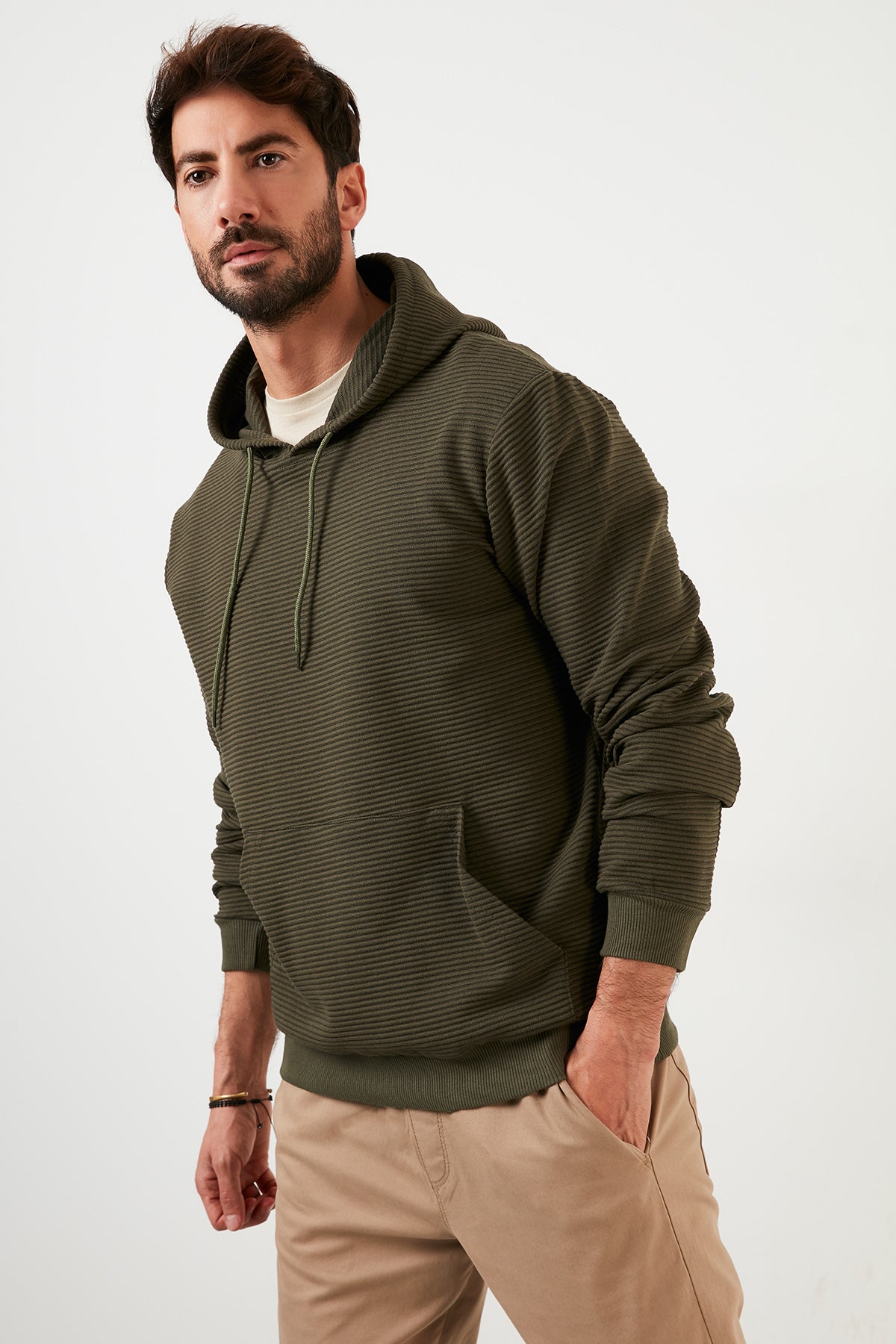 Buratti Cotton Hooded Kangaroo Pocket Slim Fit Men&#39;s Sweatshirt - Khaki