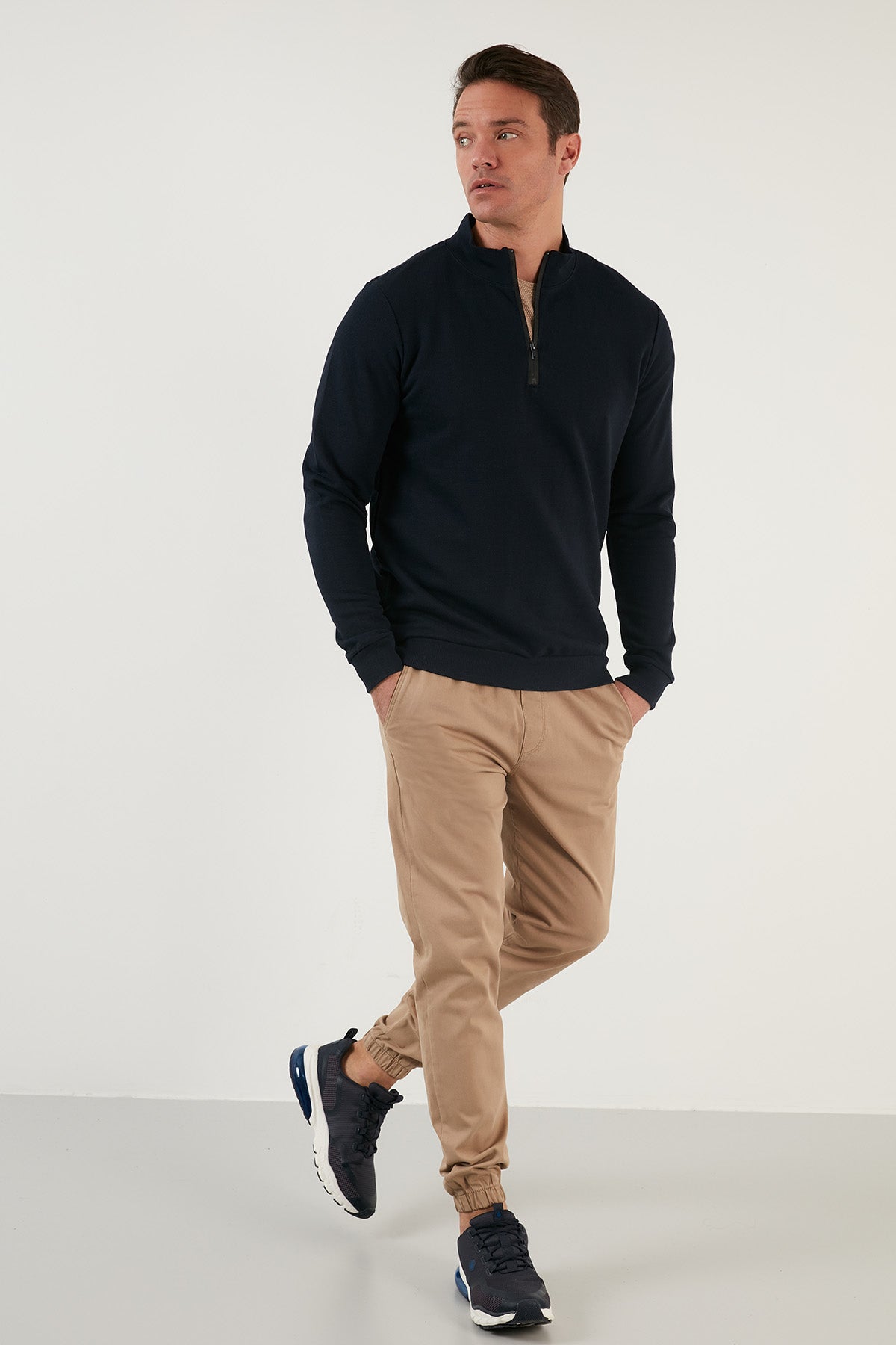 Buratti Cotton Slim Fit Half Zipper Stand Up Collar Men&#39;s Sweatshirt - BEIGE