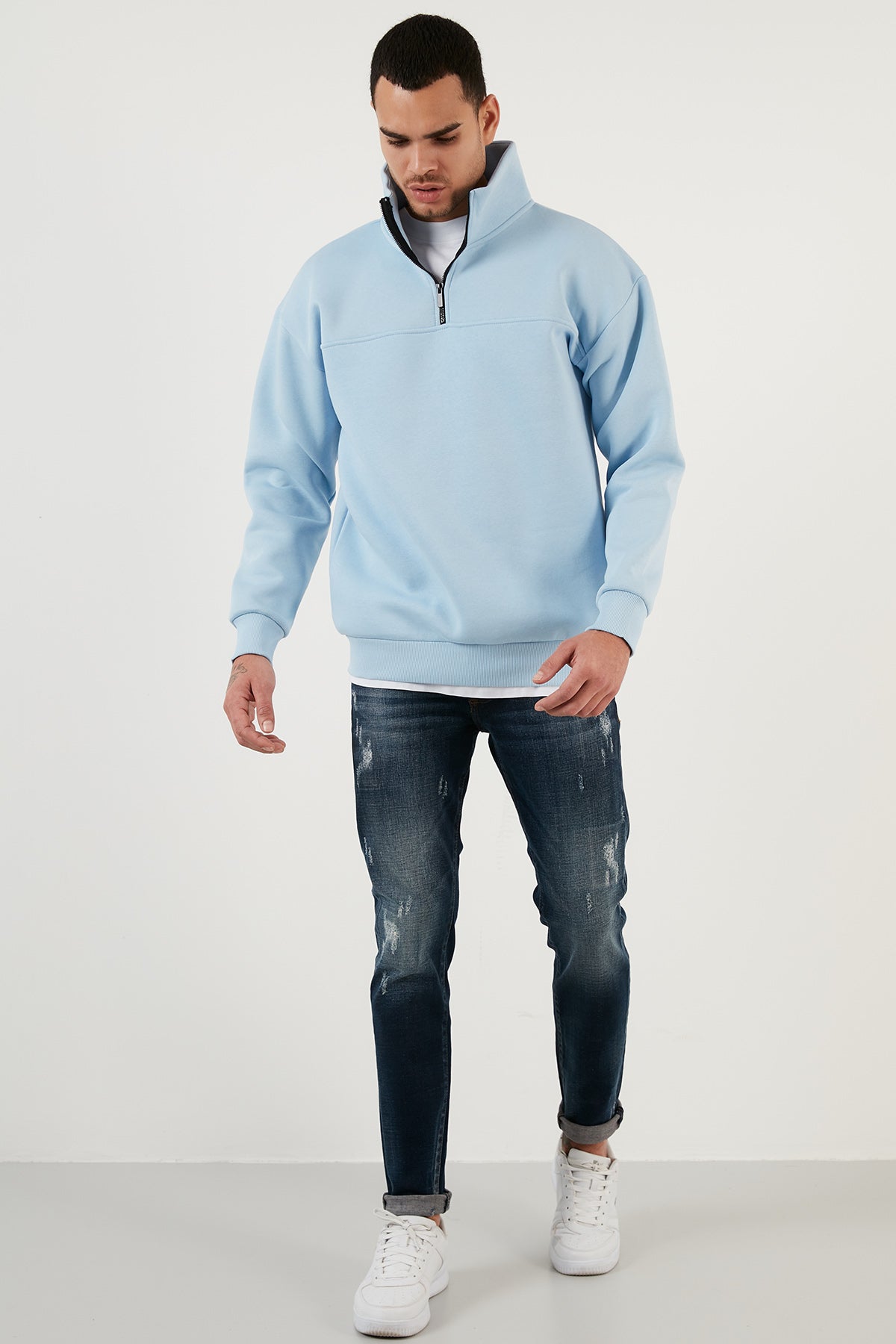 Buratti Regular Fit Cotton Feathered Soft Raised Winter Men's Sweatshirt - LIGHT BLUE