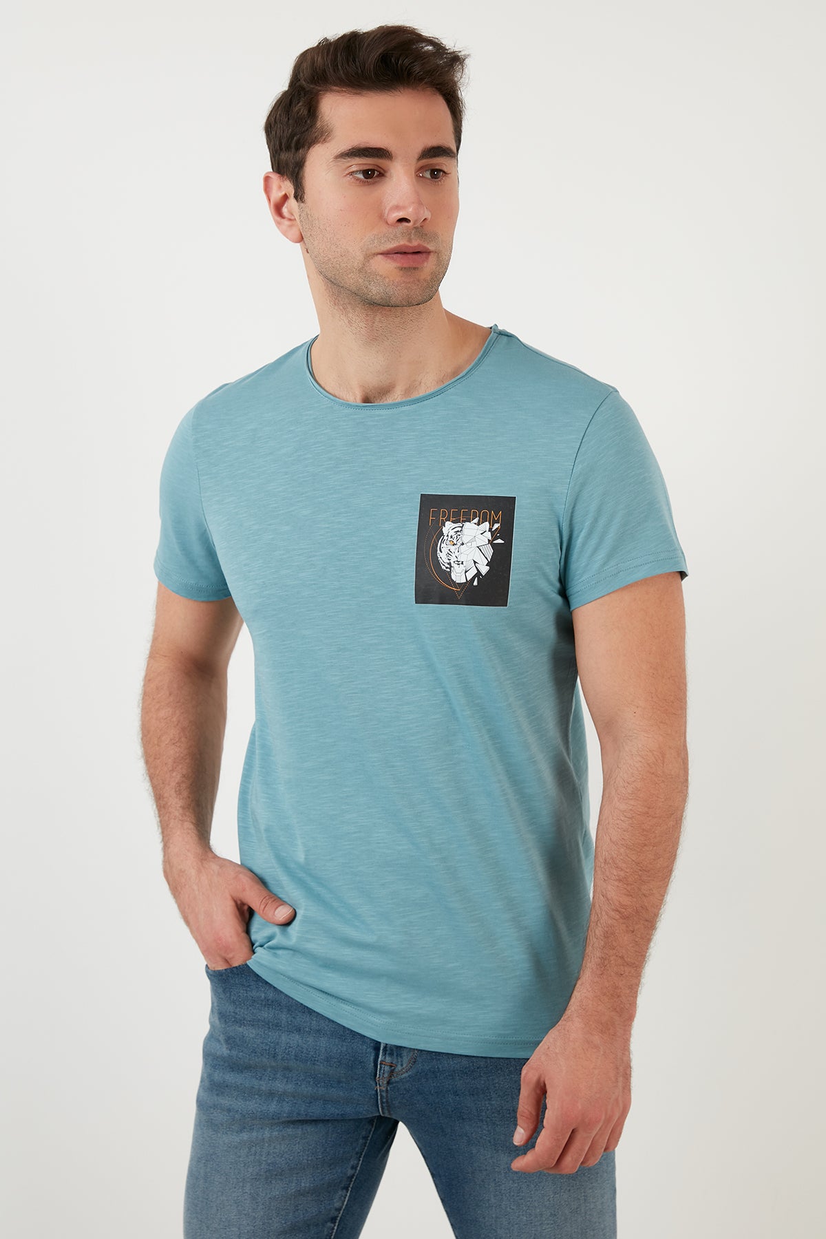 Buratti Slim Fit Printed Crew Neck 100% Cotton Men's T Shirt - LIGHT BLUE