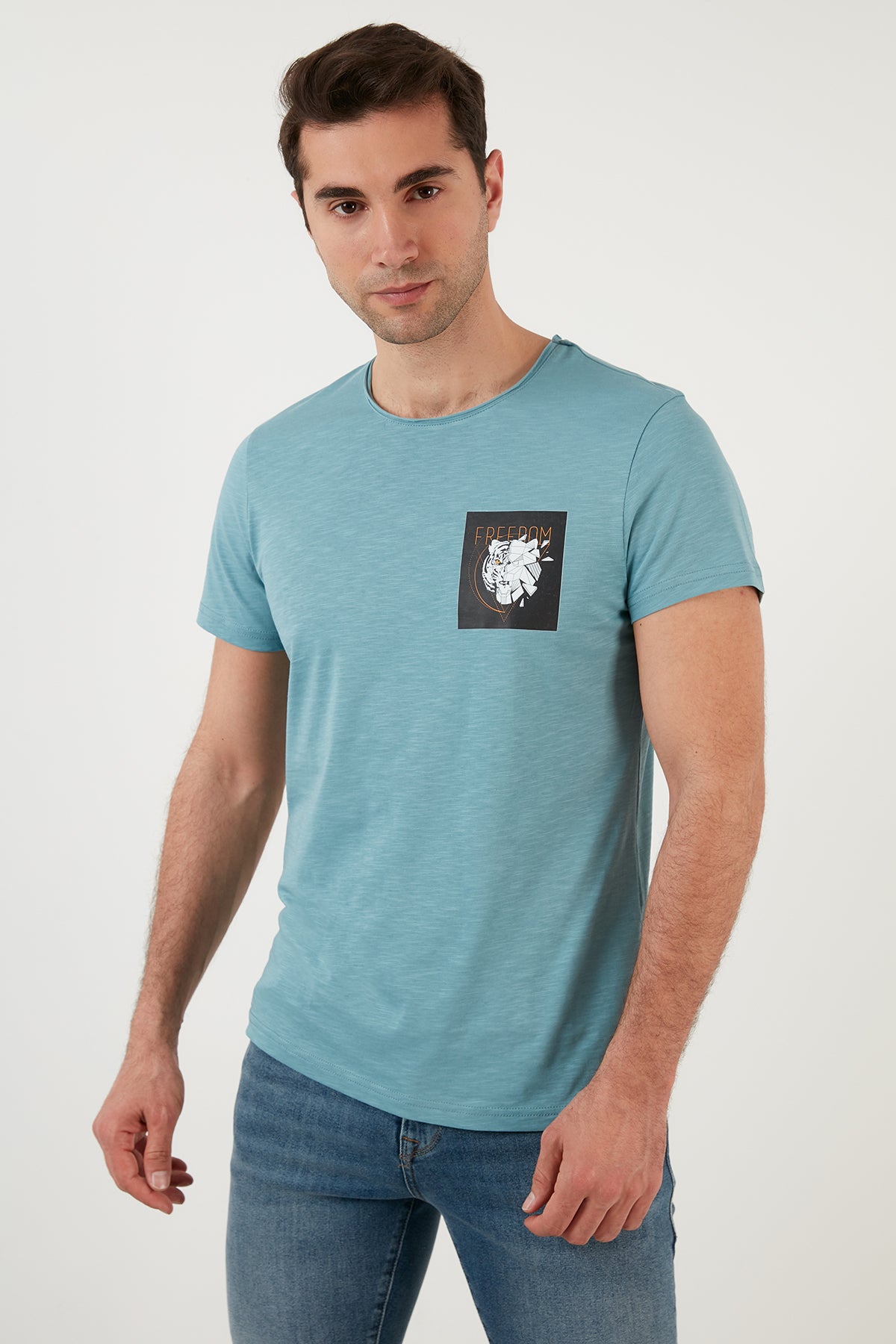 Buratti Slim Fit Printed Crew Neck 100% Cotton Men's T Shirt - LIGHT BLUE