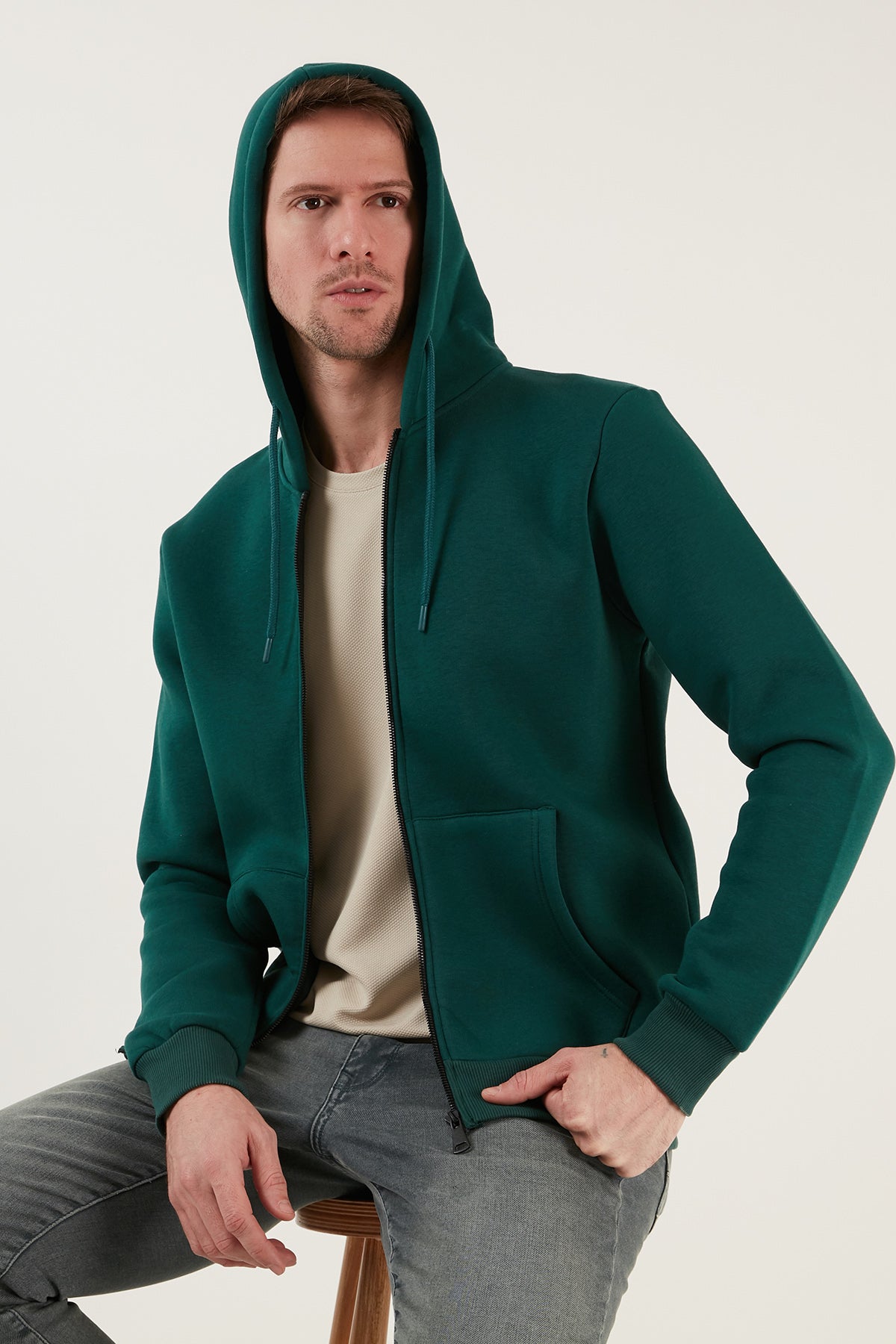 Buratti Slim Fit Hooded Zippered Fluffy Soft Raised Winter Men&#39;s Sweatshirt - DARK GREEN