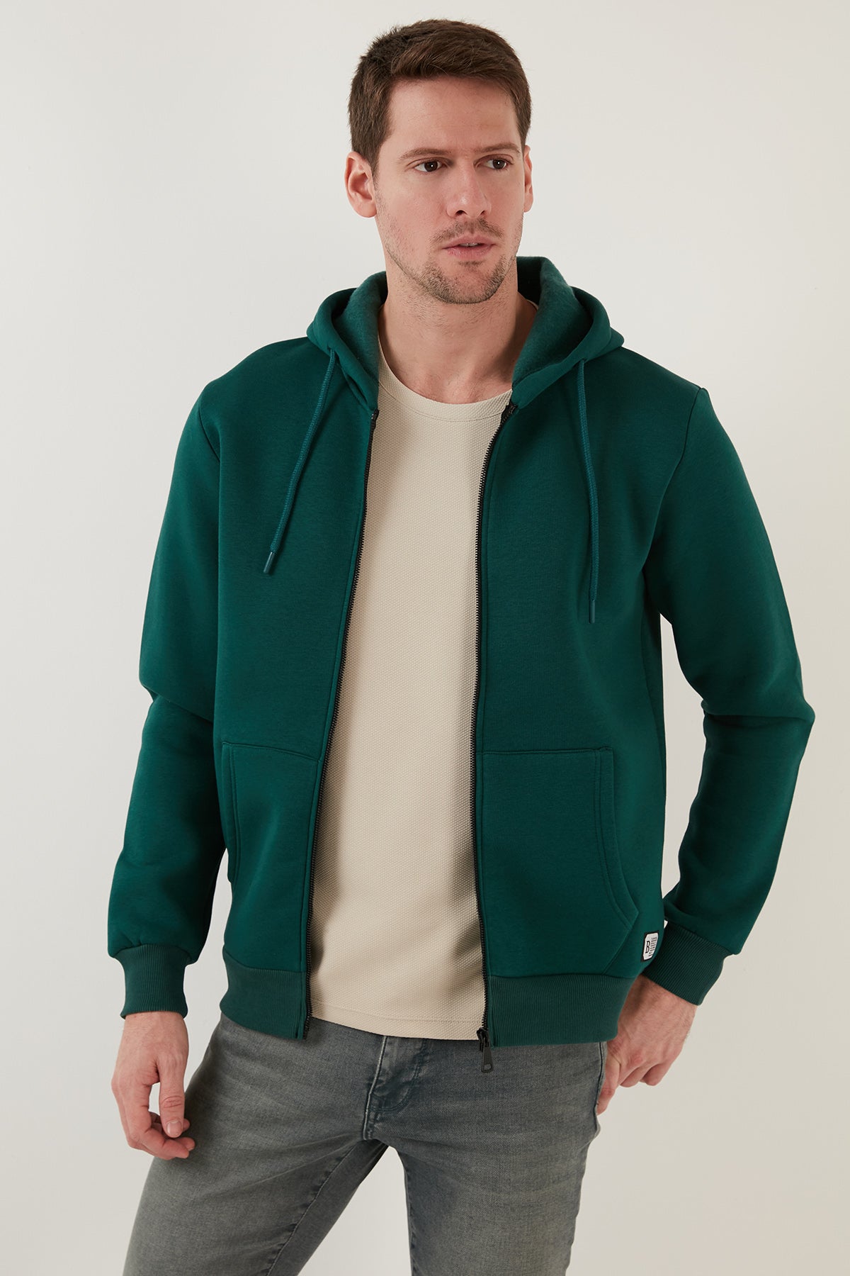 Buratti Slim Fit Hooded Zippered Fluffy Soft Raised Winter Men&#39;s Sweatshirt - DARK GREEN
