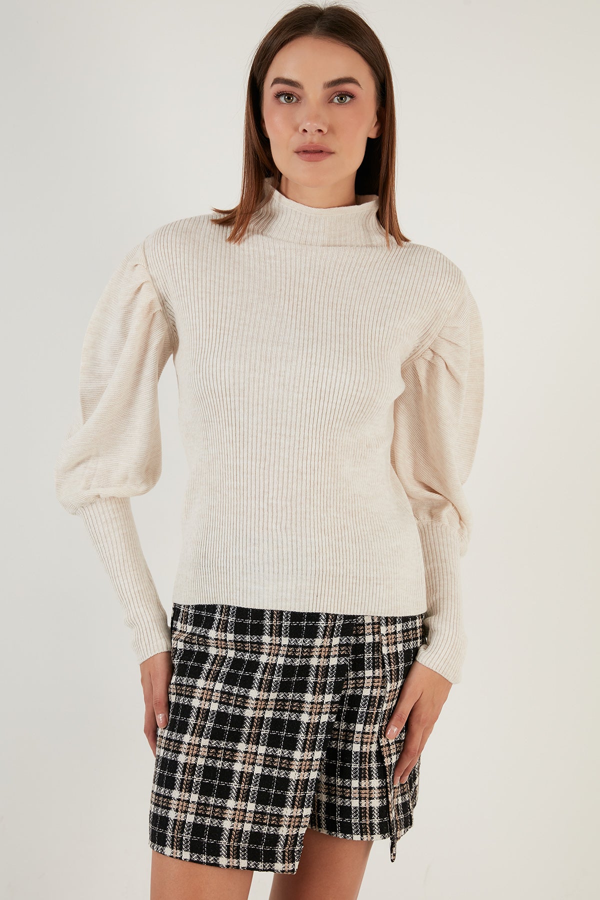 Lela 100% Soft Acrylic Turtleneck Corduroy Balloon Sleeve Women's Sweater - EKRU