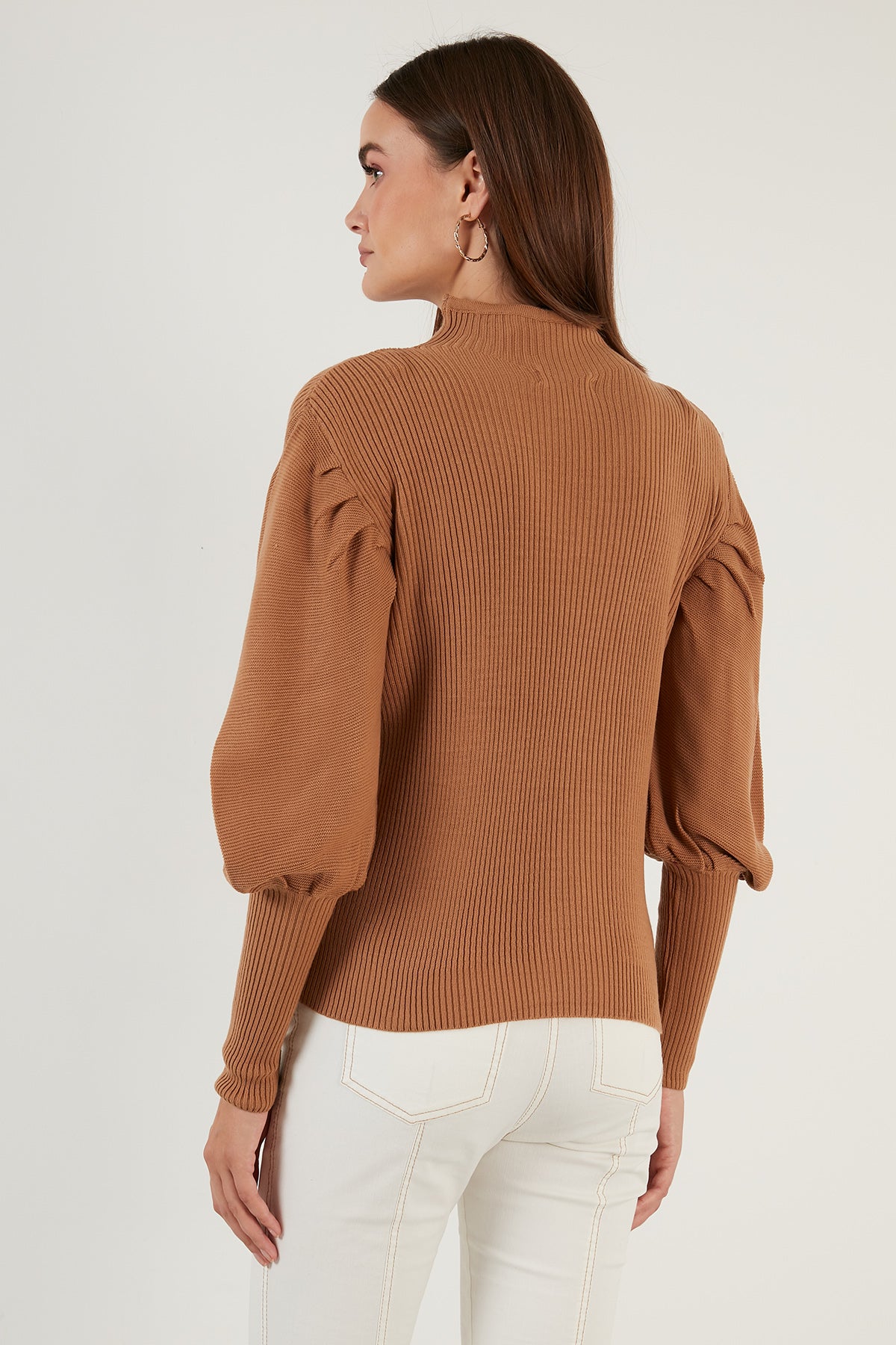 Lela 100% Soft Acrylic Turtleneck Ribbed Balloon Sleeve Women's Sweater - KARAMEL