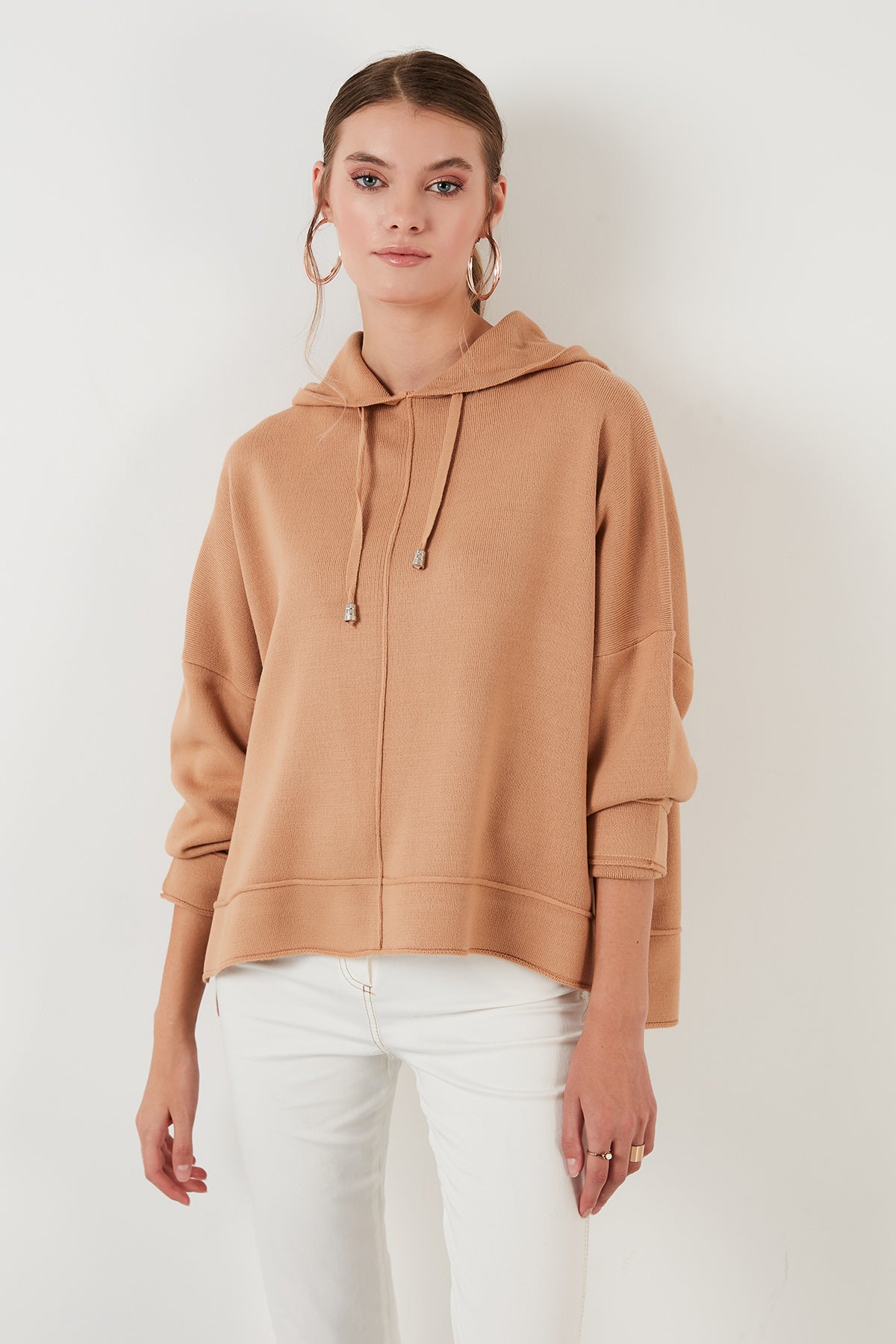 Lela Hooded Oversize Knitwear Womens Sweater - CAMEL