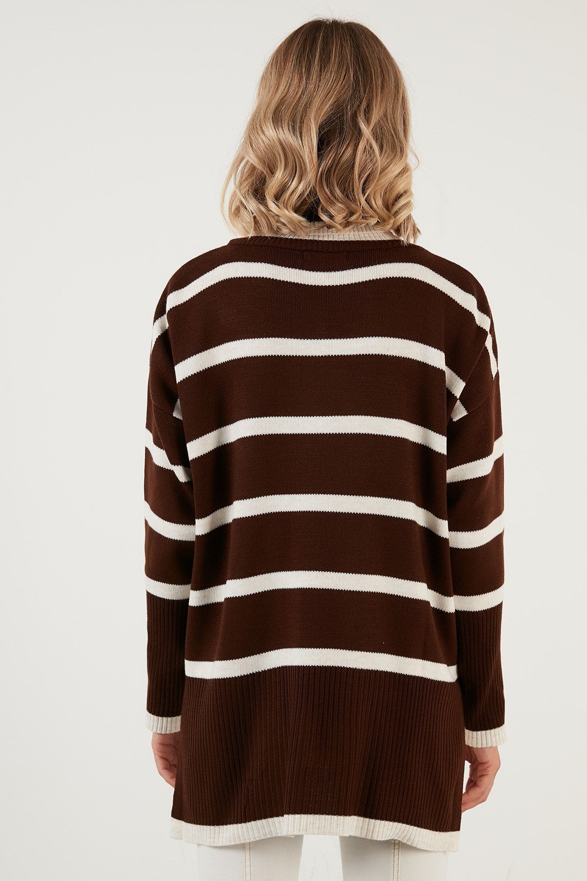 Lela Striped Turtleneck Long Women's Sweater - EKRU