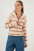 Lela Striped Zippered Turtleneck Knitted Sweater Women's Sweater - GREEN-ECRU
