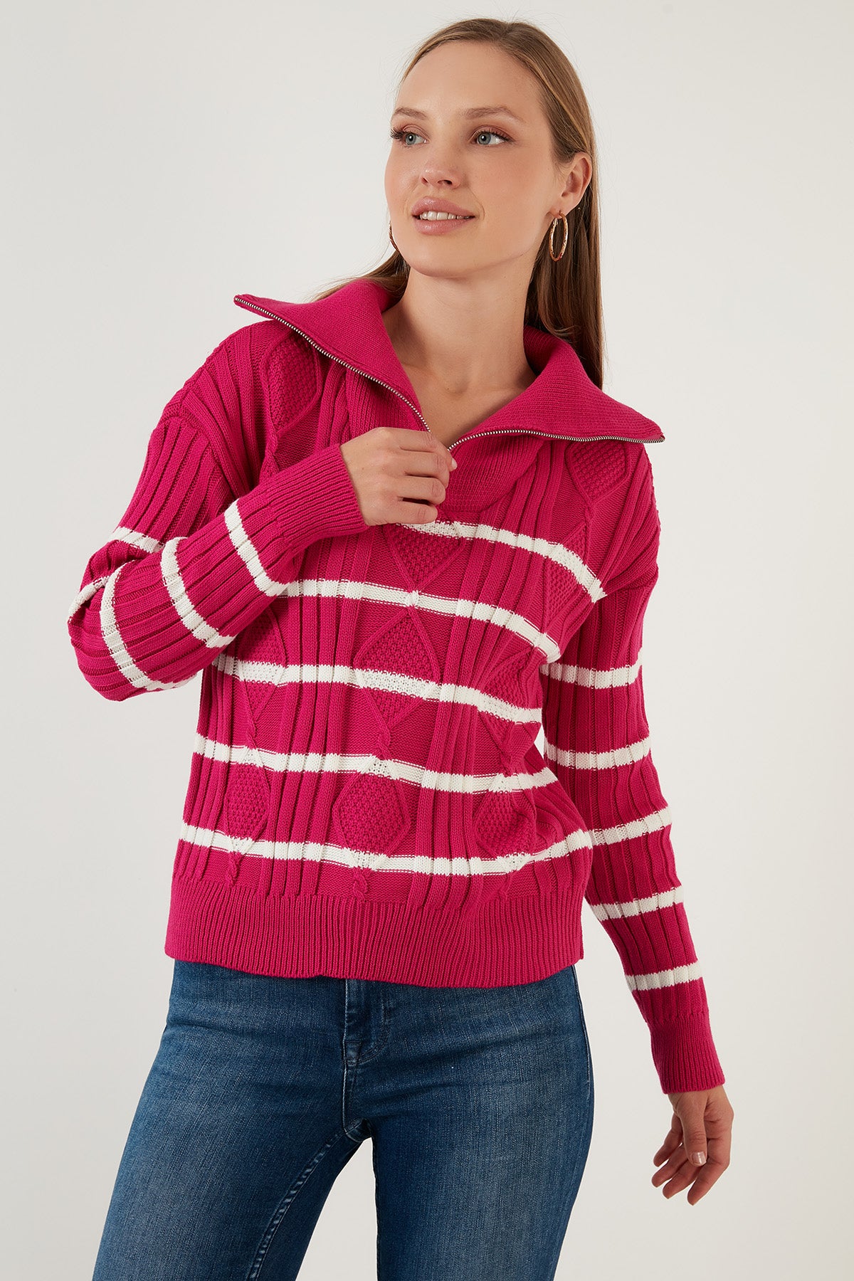 Lela Striped Zippered Turtleneck Knitted Knitwear Women's Sweater - Fuchsia-Ecru