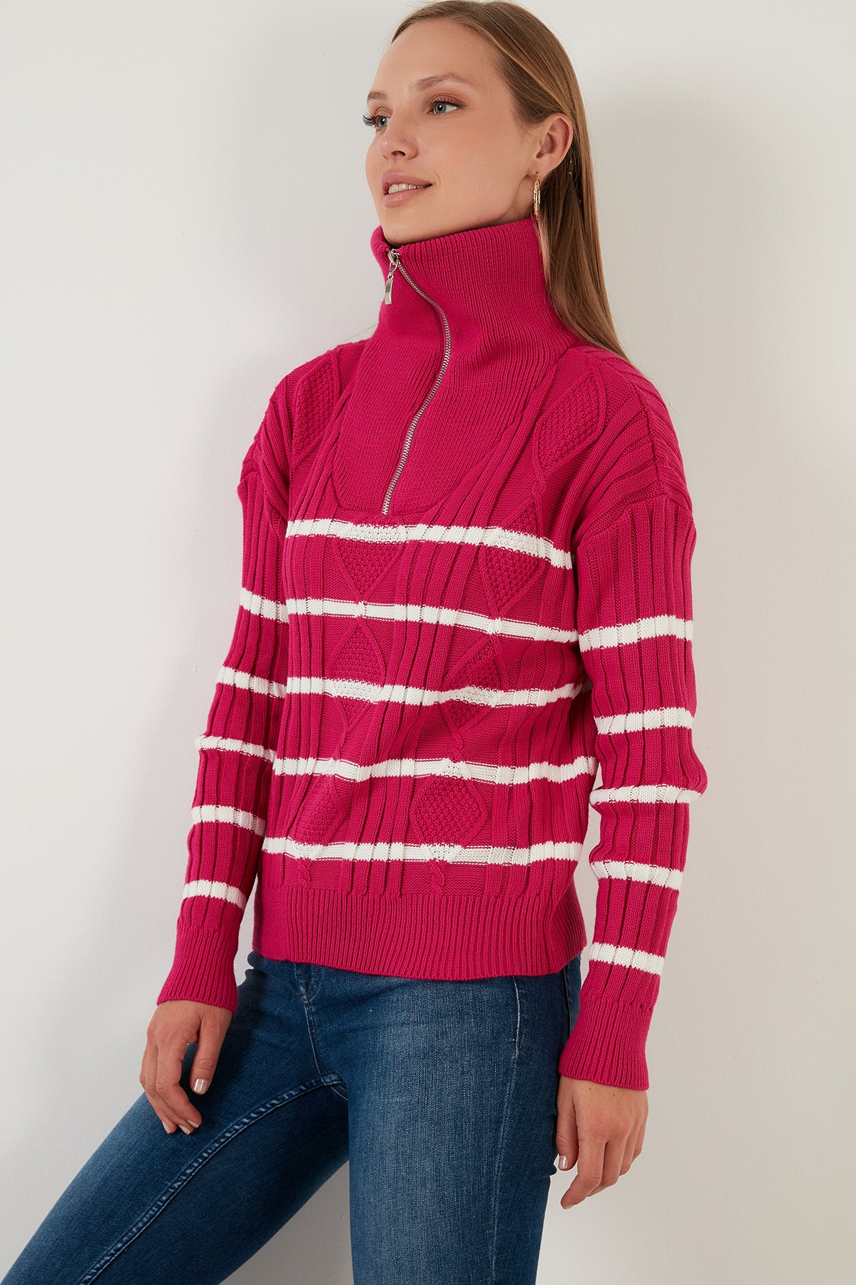 Lela Striped Zippered Turtleneck Knitted Knitwear Women's Sweater - Fuchsia-Ecru