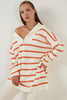 Lela Striped Casual Fit Zippered Standing Collar Long Knitwear Women's Sweater - BONE