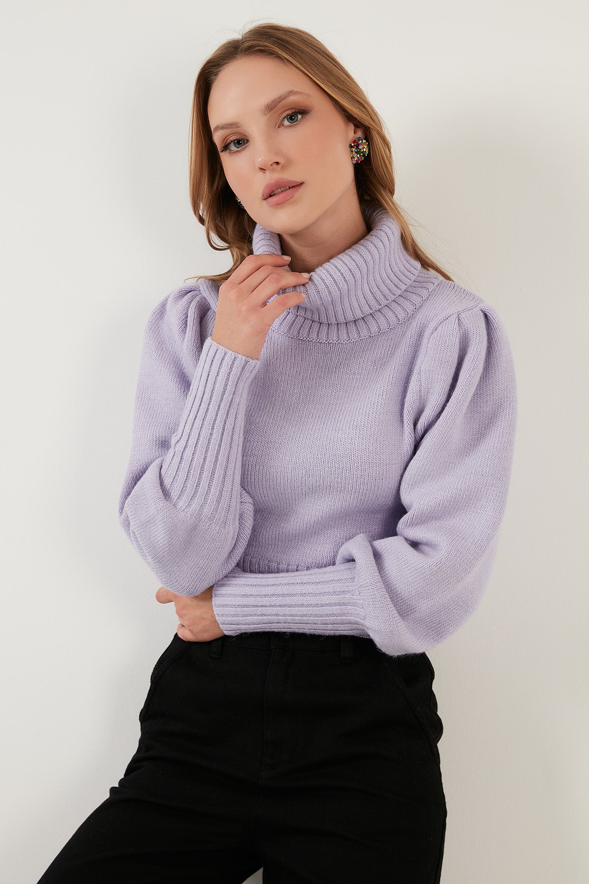 Lela Sleeve Detailed Turtleneck Women's Sweater - PEANUT GREEN