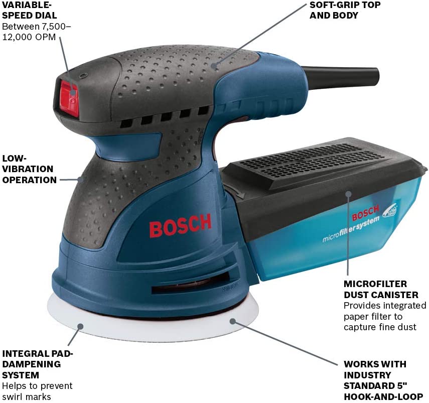 BOSCH ROS20VSC Palm Sander 2.5 Amp 5 In. Corded Variable Speed Random Orbital Sander/Polisher Kit with Dust Collector and Soft Carrying Bag